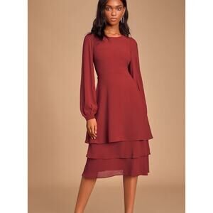 Lulus Crystal Clear Wine Red Tiered Midi Dress Sz L Long Sleeves Romantic